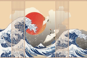 Peinture murale de style Ukiyo-e japonais, <span class=keywords><strong>papier</strong></span> <span class=keywords><strong>peint</strong></span> personnalisé avec la <span class=keywords><strong>montagne</strong></span> Fuji et les fleurs de cerisier pour restaurant - Product Image 4