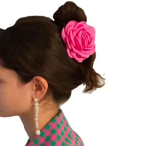 T1464 Trending High Quality Women Pretty Middle Large Flower Fabric Rose Hair Claw Clip for Gifts