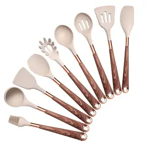 Food-grade Wood Grain Coating 9 Pieces Silicone Cooking Utensil set with storage holder