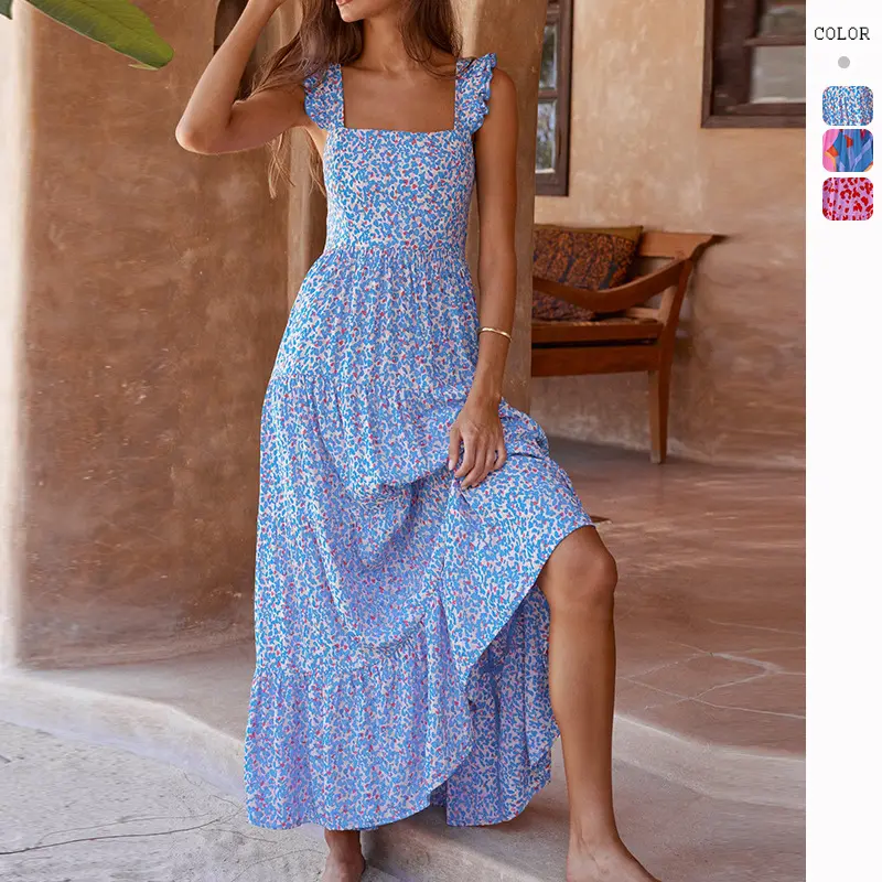 Ärmellos Sommer Damen Beruf Sundress blumendruck Maxi-Kleid Vierkantkragen Damen bohemianisches Kleid