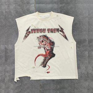 Summer Custom Digital Printing 100% Cotton Ripped Raw Hem Tees Cut Off Graphic Distressed Tshirt Sleeveless T-shirt <strong>tank</strong> Top Men