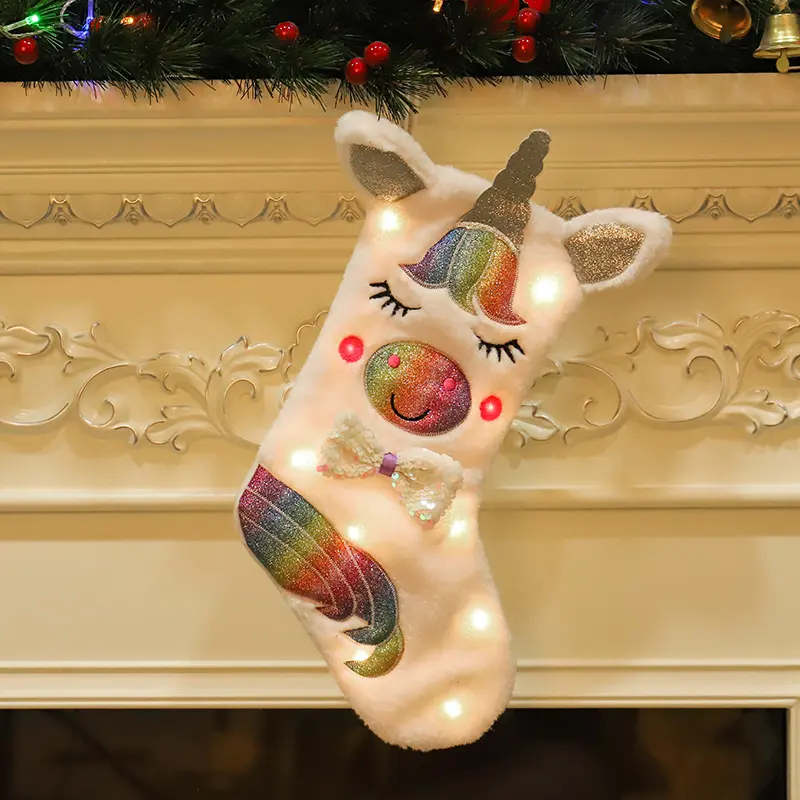 Разноцветные рождественские чулки с бусинами и единорогом с подсветкой для детей, Подарочная сумка конфет