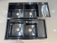 Évier de cuisine double en acier inoxydable 304 fait main avec égouttoir, porte-couteaux et poubelle