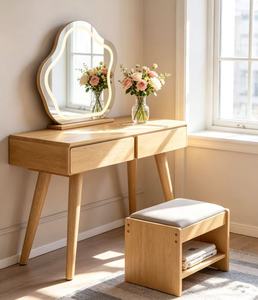 Scandinavian Solid Birch Makeup <b>Vanity</b> With <b>Lighted</b> <b>Mirror</b> And Stool Bedroom Dressing Table Set - Product Image 2
