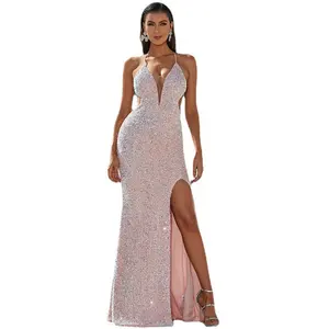 스파게티 스트랩 스팽글 사이드 슬릿 레이스 백 레스 섹시한 저렴한 도매 긴 이브닝 드레스