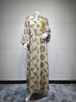 Robe maxi musulmane élégante avec broderie en feuilles d'or, col montant, manches bouffantes, ceinture, abaya pour femmes, robe de banquet
