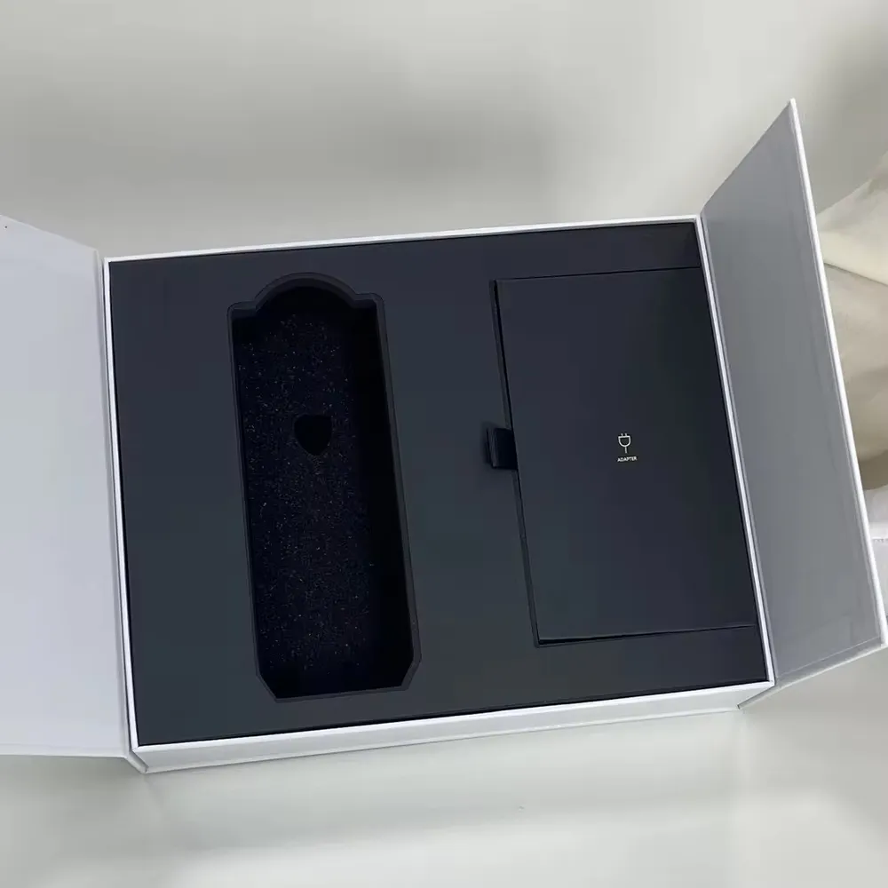Caixa de embalagem com logotipo personalizado ecológico, caixa de papelão preta com aba aberta, caixa de embalagem com caixa de EVA