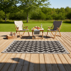 Modern Reversible Outdoor <b>Rug</b> 9x12 Black Beige Plastic Woven for Backyard Deck <b>Camping</b> - Product Image 2