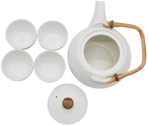 Théière <span class=keywords><strong>japonaise</strong></span> en céramique faite à la main, service à thé blanc en céramique avec poignée en rotin et 4 tasses à thé, ensemble cadeau, 6 pièces - Product Image 5