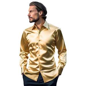 Мужская повседневная рубашка из шелка, на пуговицах, с длинным рукавом, блестящая, однотонная, из сатина, для торжественных мероприятий - Product Image 1