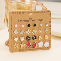 Anting-anting Korea Kreatif 12 Pasang, Bertabur Zirkon Kristal, Motif Bunga Cinta Berbentuk Hati, Lapisan Emas, Alloy, Tren Wanita