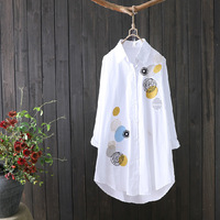 Nouvelle chemise en coton brodé respirant pour femme, style littéraire, mi-longue, ample et polyvalente, à manches longues, pour le printemps et l'automne