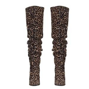 Big Size Leopard Print Suede Knee High Pointed Chunky High Heel Women Boot Solid Leather Slip-on Long Pile up <b>Booties</b> for Ladies - Product Image 4