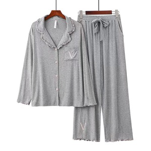 Pijamas de Mujer de Modal Transpirable con Cintura Elástica y Cuello Camisero, 8*5, Otoño - Product Image 2