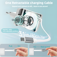 Chargeur USB C GaN 65W, adaptateur de charge rapide pour voyage, PD 3.0, câble magnétique rétractable de type C pour ordinateur portable, téléphone, OTP