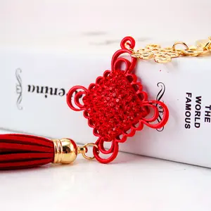 红色婚礼派对礼物水钻水晶中国结钥匙扣流苏吊坠钥匙扣戒指持有人的礼物和赠品