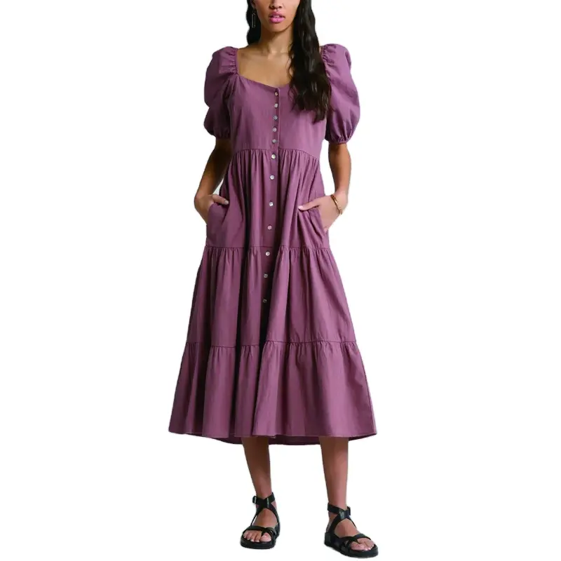 2023カスタムフィット高品質織りコットンカジュアル恋人ネックスモックバックボタンフロントパフスリーブフリルミディティアードドレス
