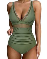 Zwempak met doorschijnende mesh inzet, bandeau, kruisbandjes achter, hoge taille, plus size, bescheiden dekking