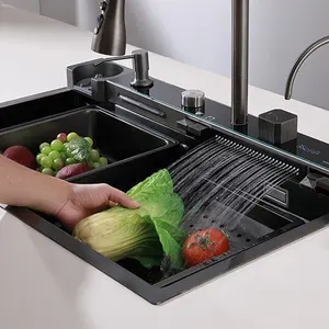 Pia de cozinha de aço inox 304 anti-riscos, lavadora de copo de pia de cozinha com LED multifuncional, lavatório digital de cachoeira