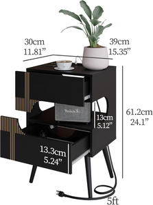Vertical Slat LED Nightstand with Built-In Charging Station 2 Drawer Open Oval Nook Pine Leg Side <b>End</b> <b>Table</b> for Small Bedroom - Product Image 5