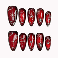 Faux ongles en acrylique Halloween sombre à presser, peints à la main, motif toile d'araignée argentée, araignée 3D, éclat étoilé, forme amande, personnalisables