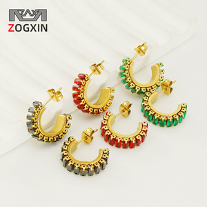 ZOGXIN Huggie Earrings 18K Gold Plated Geometric C Shape With Zircon For Women Party Jewelry Stainless Steel Ear <b>Post</b> - Product Image 1
