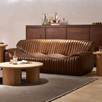 Canapé en cuir de style rétro américain, vintage, petit appartement, salon, trois places, mobilier design unique