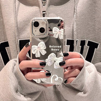 Coque de téléphone rose style anglais Girlheart avec nœud, compatible iPhone 15 16 17 Air, électroplaquée, protection miroir trois-en-un
