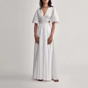 ชุดเดรสออกแบบใหม่สำหรับฤดูใบไม้ร่วงสำหรับผู้หญิง สไตล์ลำลองหลวมๆ เรียบร้อย ชุดเดรสผู้หญิงคอวีลึก คุณภาพสูง แขนสั้น ความยาวปานกลาง ผ้าลินิน - Product Image 2