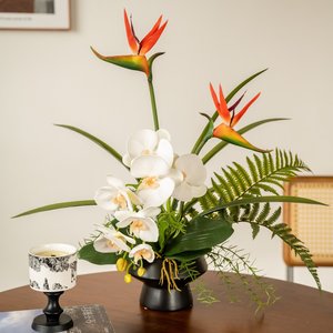 Jarrón de flores artificiales con orquídeas Phalaenopsis y flores de seda de Ave del Paraíso para decoración del hogar, centro de mesa - Product Image 1