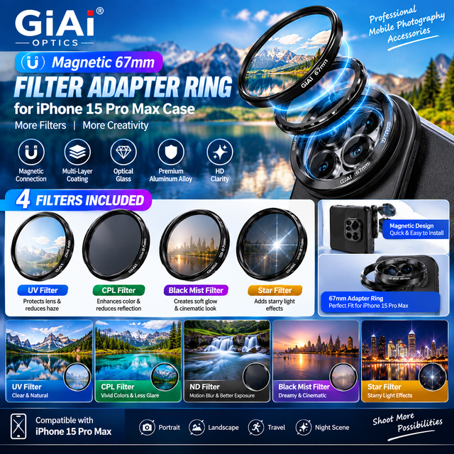 GiAi Magnetic 67mm Filter Adapter Ring for iPhone 15 Pro Max Case Black Mist ND UV Star Lens Filter Mobile Photography