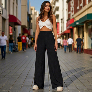 Pantalon long AARA Fashion pour femme, taille mi-haute, coupe droite, jambe large, tricoté, plissé devant, à enfiler, côtelé, 95% polyester, coupe classique - Product Image 1
