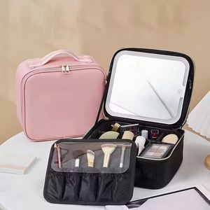 Sac à maquillage personnalisé avec logo, miroir à lumière LED, fermeture éclair, grande capacité, boîte à cosmétiques portable professionnelle à double couche, organisateur portable - Product Image 4