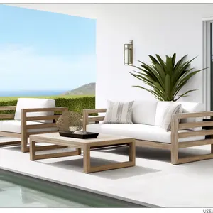 Juego de jardín al aire libre personalizado de fábrica Juego de sofás de muebles de madera de teca de tela para todo tipo de clima