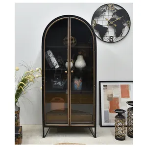 Home Accent Tiroir de rangement industriel antique Vintage Black Arch Tall Metal Cabinet avec étagères et portes en verre pour le salon