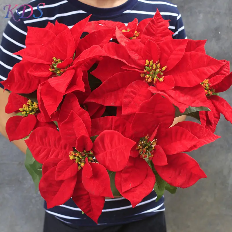 Artificial Christmas flowers red brunch high quality fake flower plant for wedding home decoration Poinsettia White