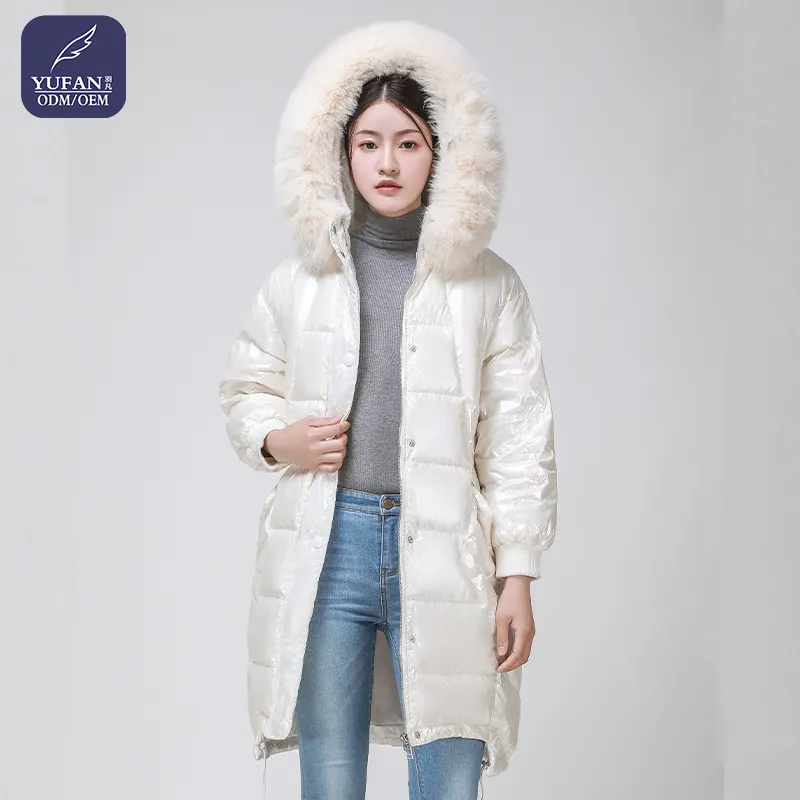 Yufan Top Quality Custom Logo Print Without Hood Long Sleeve Plus Size Zipper Puffer Coat Women Long White Puffer Jacket