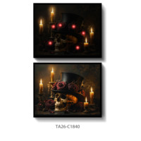 Tableau mural gothique Crâne avec chapeau haut et roses rouges, impression sur toile style Dark Academia, peinture vintage squelette aux chandelles pour Halloween