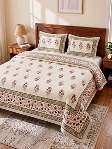 Hand Block Printed <b>Floral</b> Cotton Bed Cover Set 200TC Wrinkle Resistant Washable <b>Quilt</b> Set for Home Hotel - Product Image 3