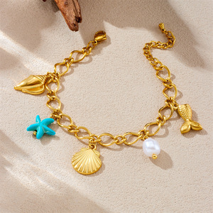 Fashion Charm Bracelet 18K Gold Plated Seashell Starfish Pearl Pendant Women's Ocean Theme Jewelry - Product Image 2