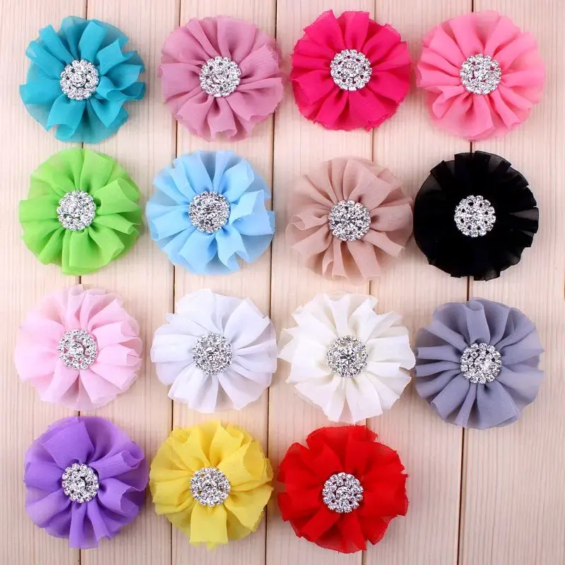 5 unids/set 6,5 cm 15 colores flores artificiales de gasa + botón de diamantes de imitación para Niña Accesorios para el cabello flores de tela para diademas