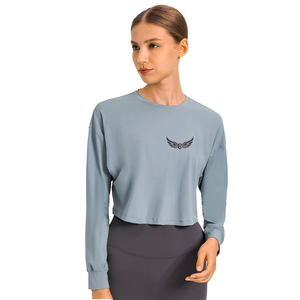 Women's <b>Light</b> <b>Blue</b> Crop <b>Top</b> <b>Long</b> <b>Sleeve</b> Crew Neck Embroidered Logo Loose Fit Yoga <b>Top</b> Breathable Spandex Polyester - Product Image 1
