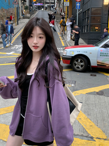 Sudadera con capucha morada de nuevo estilo 2025 para mujer con silueta de tela de rizo de algodón, chaqueta holgada y con doble cremallera - Product Image 2