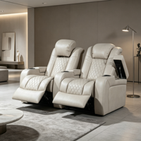Ensemble de meubles de salon modernes beige et blanc, fauteuils inclinables électriques en cuir pour home cinéma avec porte-gobelets