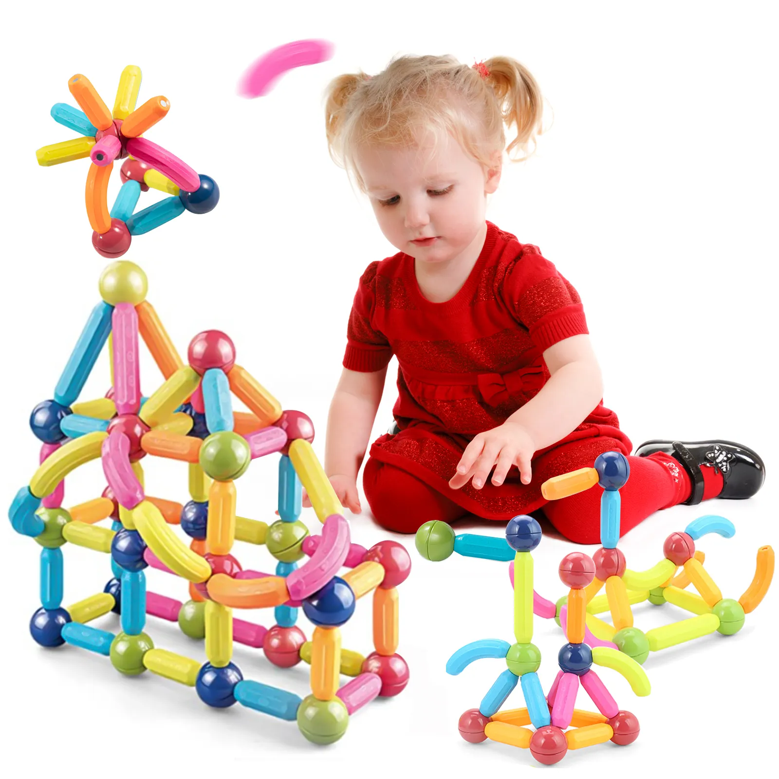 51 Pcs Custom Montessori Baby Safety Blocks Building Set Magnetic Balls Rods STEM Colorful Magnetic Building Educational Toys