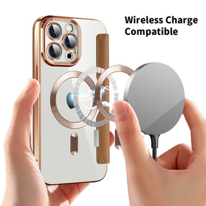 Custodia per telefono magnetica elettrolitica in pelle sintetica <span class=keywords><strong>iPhone</strong></span> 15 16 Pro Max Flip portafoglio Design Slot per carte di credito supporto Wireless antiurto - Product Image 4