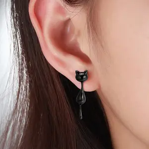 Đồ trang sức mỹ tùy chỉnh thiết kế 925 Sterling bạc mạ vàng đen Cat Stud Bông tai