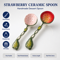 Cuillère décorative en céramique en forme de fraise, faite à la main, avec anse en corde et boucle de suspension, pour cuisine, thé, café et desserts