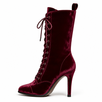 Bottes mi-mollet en velours bordeaux à lacets pour femmes, talons aiguilles hauts, chaussures de mode pour boutiques et détaillants