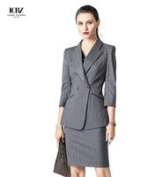 Costumes d'affaires pour femmes à rayures gris foncé personnalisés Costume de travail professionnel avec décoration de bouton Nouvelle méthode de tissage non tissé
